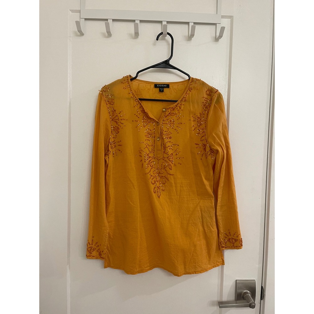 Vintage Y2K Beaded Orange Bebe Tunic Blouse Beachy Coastal Mermaid Core
